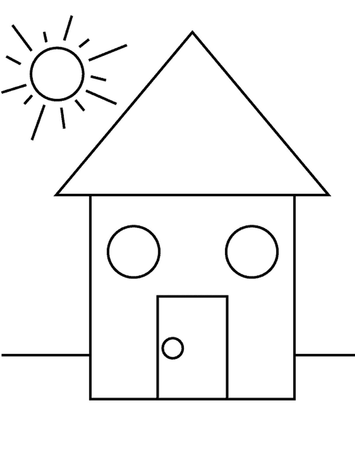 Название: Раскраска дом из геометрических фигур. Категория: геометрические фигуры. Теги: круг, квадрат, треугольник.